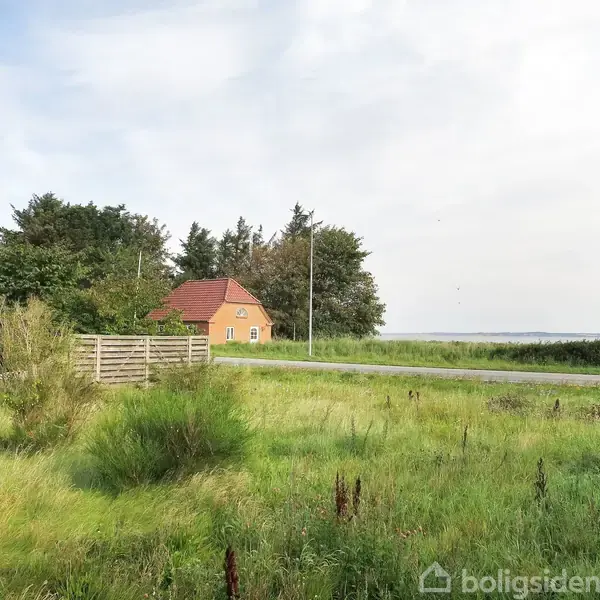 Et gult hus med rødtag står blandt frodige grønne marker og træer, nær en asfaltvej. I baggrunden kan en stribe af horisonten ses mod himlen.