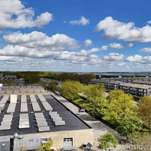 Udsigt over moderne bygninger med flade tage belagt med solpaneler. Træer i forgrunden, beboelsesbygninger til højre, og himmel med spredte skyer i baggrunden.