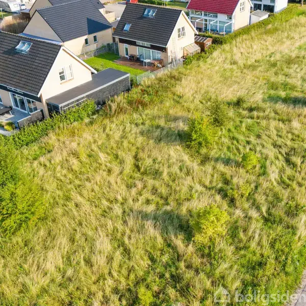 Flere parcelhuse ligger på rad med grønne haver og terrasser. Foran husene strækker en stor græsmark sig ud, med en asfalteret vej til højre.