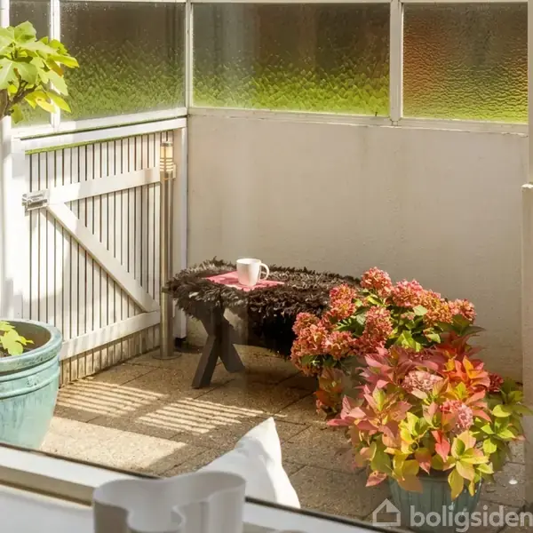 En lille terrasse med blomster, et bord med en kop, og en stor plante i en krukke. Omgivet af glasvægge, der lader sollys strømme ind.
