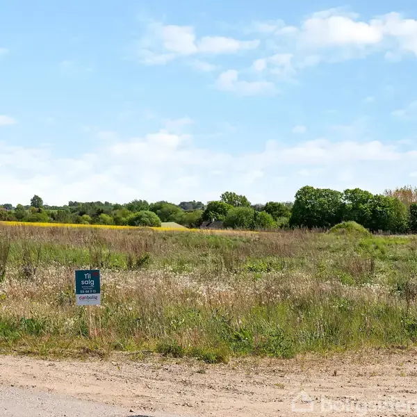 Et skilt viser teksten "SOLGT Boligsiden" placeret på en åben mark med græs og vilde blomster. Landskabet har spredte træer under en klar, let overskyet himmel.