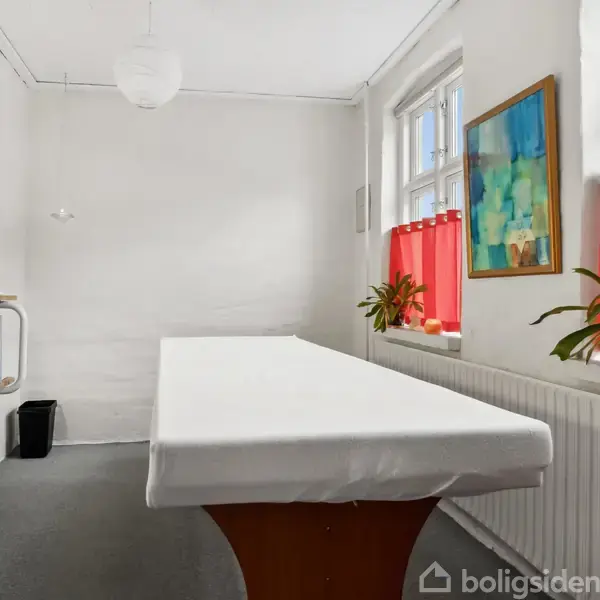 Behandlingsbriks står midt i et lyst rum med to vinduer. Briksen er dækket med en hvid dug. Hylder med planter og bøger hænger på væggen. Røde gardiner ved vinduerne.