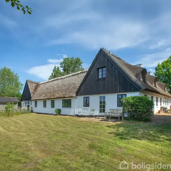 Et traditionelt landhus med stråtag og hvid facade står stille omgivet af frodig grøn vegetation og en bred grusvej. Huset har buede døre og grønne planter foran.