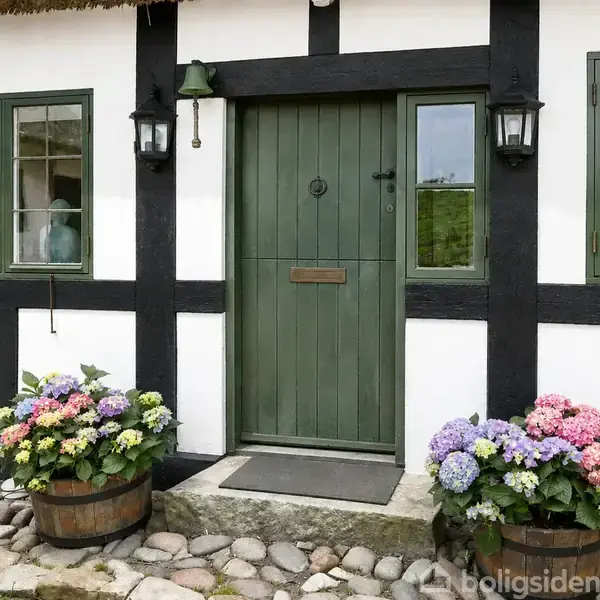 Grøn trædør står lukket i sort-hvid bindingsværkshus. To blomsterkrukker fyldt med farverige hortensiaer står ved siden af døren på en stenbelagt sti.