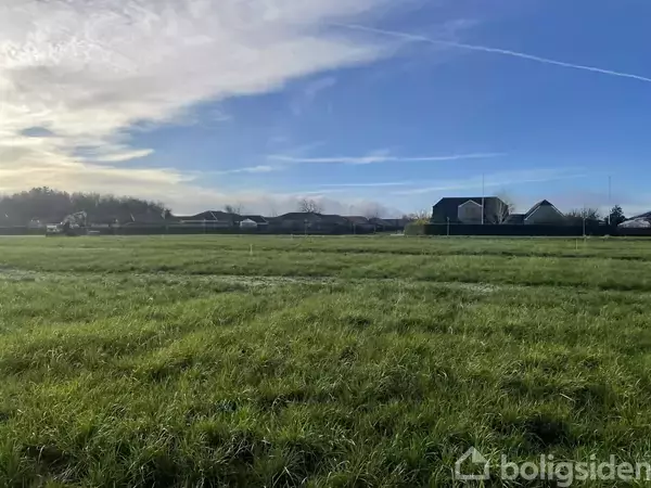 Grøn mark strækker sig over en åben slette, hvor græset vokser fyldigt. I baggrunden ses huse kantet mod en blå himmel med spredte skyer.