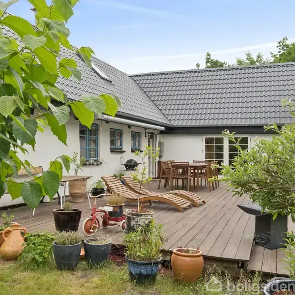 Terrasse af træ med liggestole og spisebord. Omgivelserne inkluderer flere blomsterkrukker og en grøn have. Husets facade er hvid med gråt tegltag, og der er træer i baggrunden.