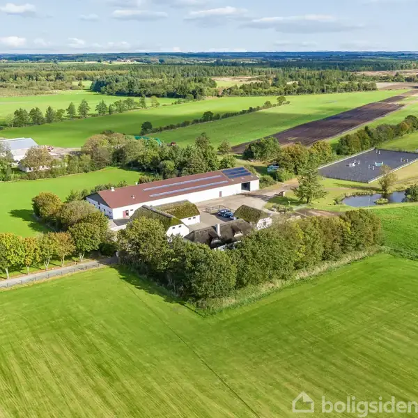Gårdsbygninger ligger midt i frodige grønne marker. I baggrunden er der småsøer og skove. Omkring gården er der træer, der skaber en naturlig ramme.