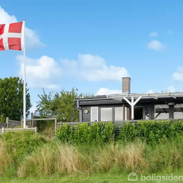 Et sort træhus med store vinduer står i en have omgivet af grønne buske og højt græs. Et rødt og hvidt dansk flag vajer ved siden af huset under en blå himmel.