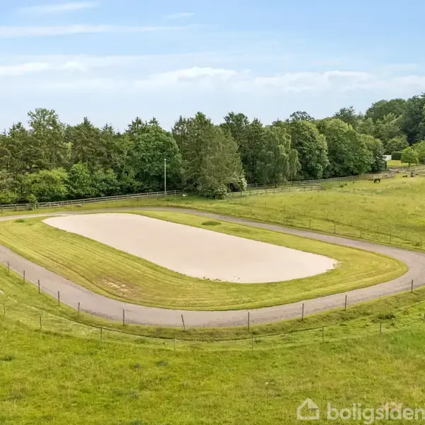 En oval ridebane med sand ligger i et grønt græsareal omgivet af et lavt hegn. Baggrunden har en skovkant med træer under en klar blå himmel.