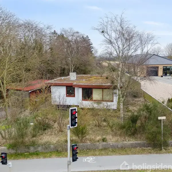 En hvid bygning med fladt tag står omgivet af vilde træer og buske. En cykelsti med trafiklys ses i forgrunden, og en moderne bygning er synlig i baggrunden.