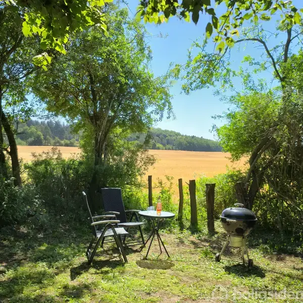 En bærbar grill står ved siden af et rundt havebord med en flaske, omgivet af en campingstol. Sollys filtrer gennem træerne, med en gylden mark i baggrunden.