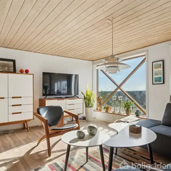 Stue med sort sofa og runde borde, indrettet med træmøbler og stort TV. Store vinduer giver udsigt til lys, og planter er arrangeret i vindueskarmen. Ophængt lamper og træloft skaber hygge.