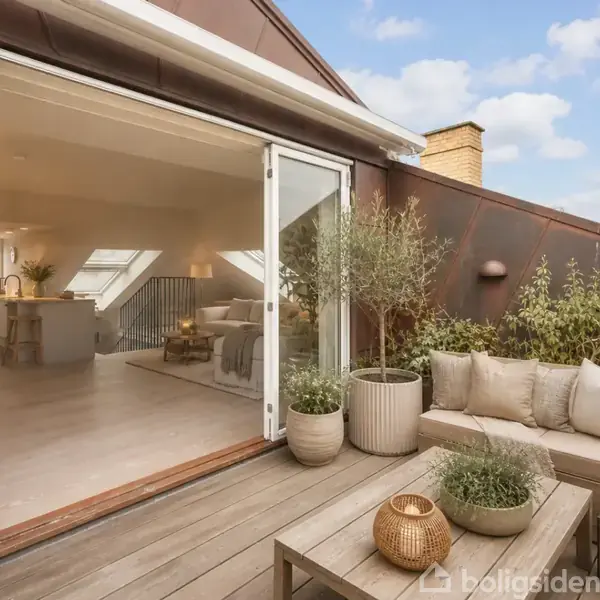 Udendørs terrasse med grå sofa og planter i potter. Sofaen har puder, og der er et bord med en dekorativ kurv. Indendørs er der et lyst køkkenområde.