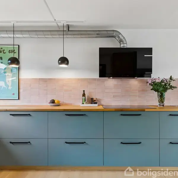 Køkken med blå skabe står i ro; dekoreret med planter, en plakat med teksten "Le Goût est dans la" og en ophængt skærm; røde fliser dækker væggen, moderne indretning.