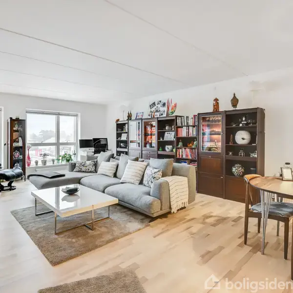 Stue med en stor grå sofa og sofabord, placeret på et tæppe. Reoler fyldt med bøger i baggrunden. Spisebord med stole til højre, nær et stort vindue.