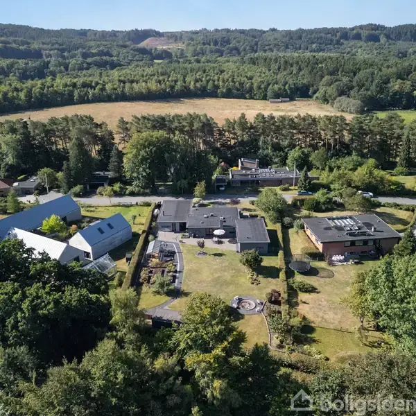 Landskabet viser en række huse ved siden af en vej omgivet af skov og marker. Terrænet er grønt og kuperet med træer og åbne græsarealer i baggrunden.