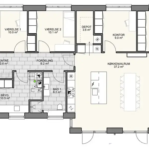 Plantegning viser en bolig med entré, bryggers, bad, køkkenalrum, tre værelser, kontor og depot. Tekst angiver størrelser: Værelse 1 (10.0 m²), Værelse 2 (10.1 m²), Soveværelse (12.3 m²).