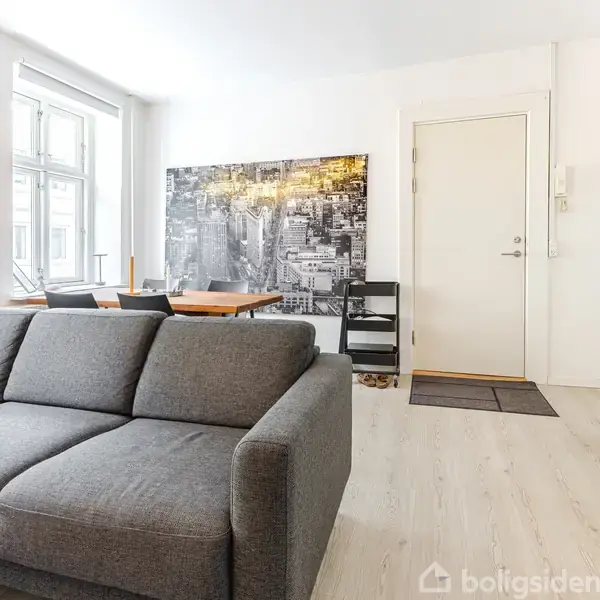 Grå sofa står i stue med lys væg, stort vindue til venstre, spisebord nær byplakat på væggen, hvide skabe og dør til højre, lyse trægulve.