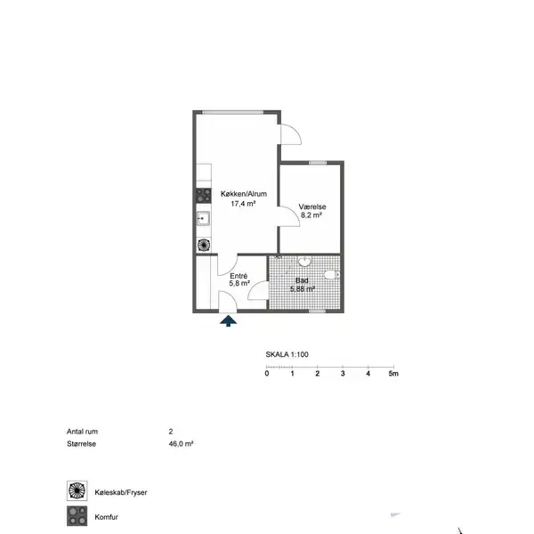 Plantegning viser en lejlighed med køkken/alrum (17,4 m²), værelse (8,2 m²), entré (5,8 m²), og badeværelse (3,6 m²). Tekst: "SKALA 1:100", "Antal rum: 2", "Størrelse: 46,0 m²".