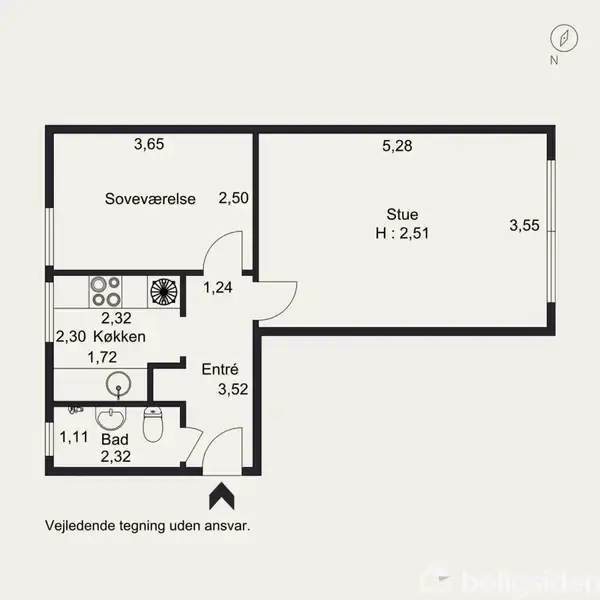 Plantegning over lejlighed med entré i midten, til højre en stue (5,28 x 3,55), til venstre køkken (2,32 x 1,72) og soveværelse (3,65 x 2,50), samt et lille badeværelse (1,11 x 2,32).
