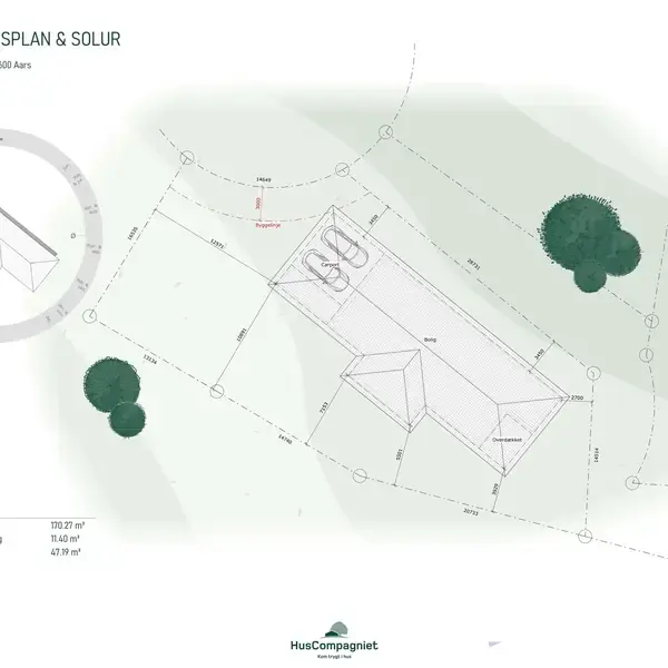 Arkitekttegning viser en bygning med mål og placering i forhold til omgivelserne. Tekst inkluderer "BELIGGENHEDSPLAN & SOLUR," adresse "Tyttebærvej 58A, 9600 Aars," dato "08.10.2019," og "Skala: 1:200." Arealer angives som Bolig: 110,27 m², Overdækning: 19,48 m², Carport: 8,79 m².