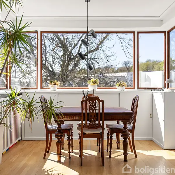 Et spisebord med fire stole står ved et stort vindue. Bordet har planter i potter. Udenfor ses træer og en blå himmel. En stor plante står til venstre.