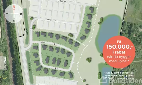 Kort viser en bebyggelsesplan med huse ved siden af en sø. Tekst: "Få 150.000,- i rabat når du bygger med Hybel* *Hvis du samtidig bygger dit nye hus med Hybel, giver vi 150.000,- i rabat på grunden."