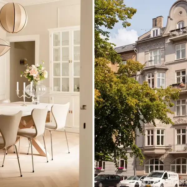 Indretning af en spisestue med moderne stole og store lamper over et bord fyldt med blomster. Eksteriør af en klassisk, etageejendom med træer og parkerede biler.