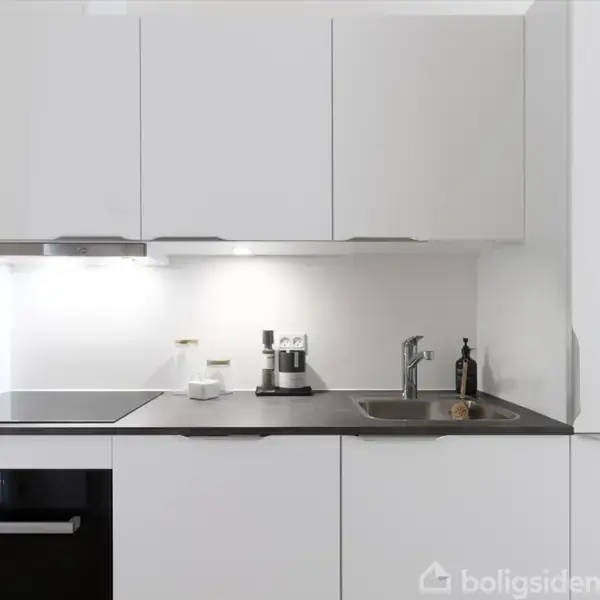 Hvidt køkken med indbyggede skabe; en kogeplade til venstre; vask til højre; små krydderikrukker og sæbe ved vasken; et rent, minimalistisk design uden synlig rod.