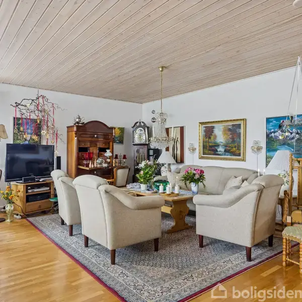 Stue med sofagruppe og sofabord på tæppe, omgivet af planter og kunstværker. Der er et fladskærms-tv, højt skab og flere stole. Lyse vægge og trægulv.