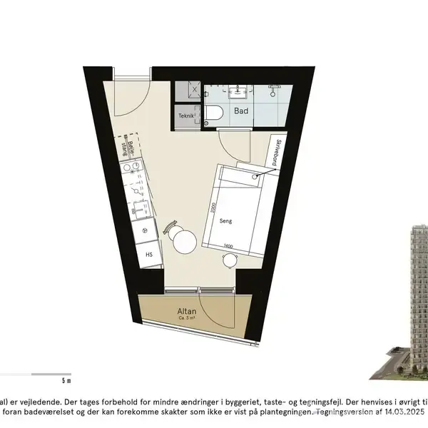 Lejlighed plantegning viser en trekantet bolig med køkken, seng, toilet og altan. Tekst: "BOLIGTYPE C, 35-35 m²." På højre side ses en høj bygning med mange etager.