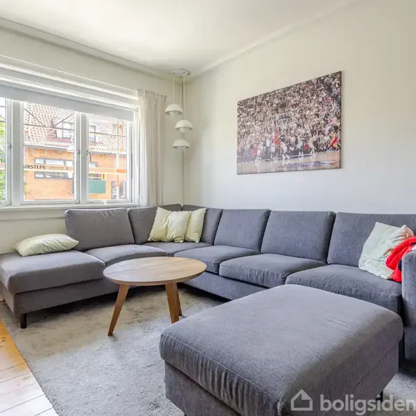 Grå hjørnesofa med puder står i en lys stue. En rund træbord står foran sofaen. Væggen har et stort billede, og et rødt tæppe ligger over sofaens armlæn. En stor plante hænger i vinduet.