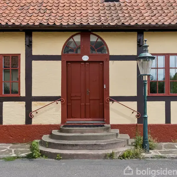Et historisk bindingsværkshus med rødt tegltag og buet hoveddør træder frem som fokus, med en klassisk gadelygte placeret ved siden af indgangen.