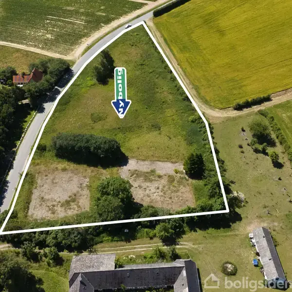 En trekantet grund omgivet af marker og en vej. En blå pil med teksten "Ny Bolig" peger ned mod midten af grunden, der er delvist dækket af buske og træer.