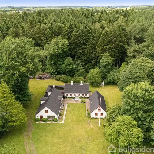 En stor, hvid gårdkompleks midt i en grøn skovlysning, omkranset af tæt skov. Bygningen har flere fløje, anlagt på en velholdt græsplæne med en lille grusvej forrest.
