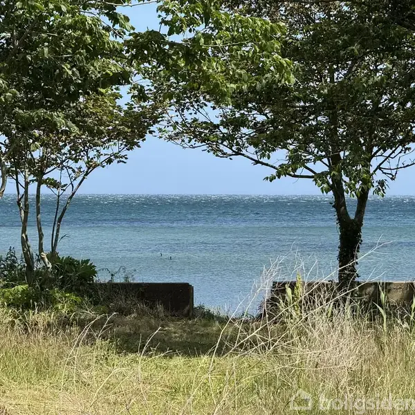 Hav ses gennem en åbning mellem træer ved en græsplæne. Bølgerne skimtes under en klar blå himmel, omkranset af grønne blade og buske.