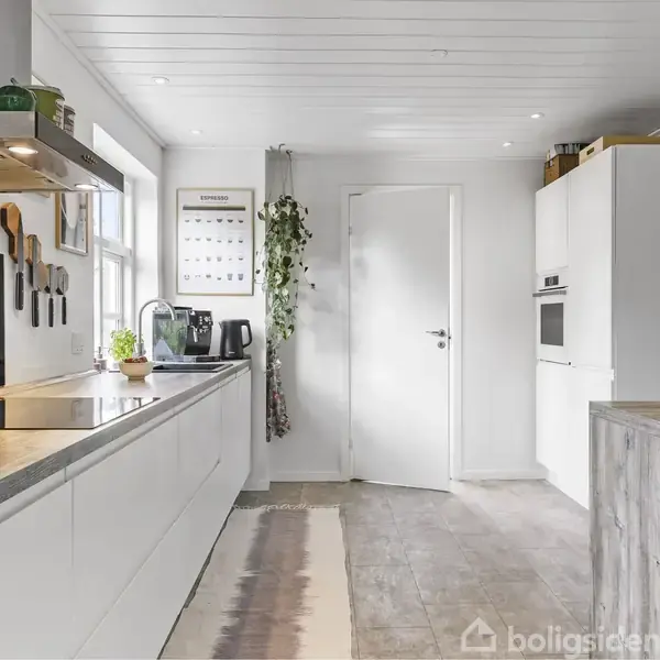 Køkken med hvidt inventar og træbordplade, indeholder kogeplade, knive på væggen, og kaffemaskine. En dør fører ud, og en plante hænger i hjørnet.