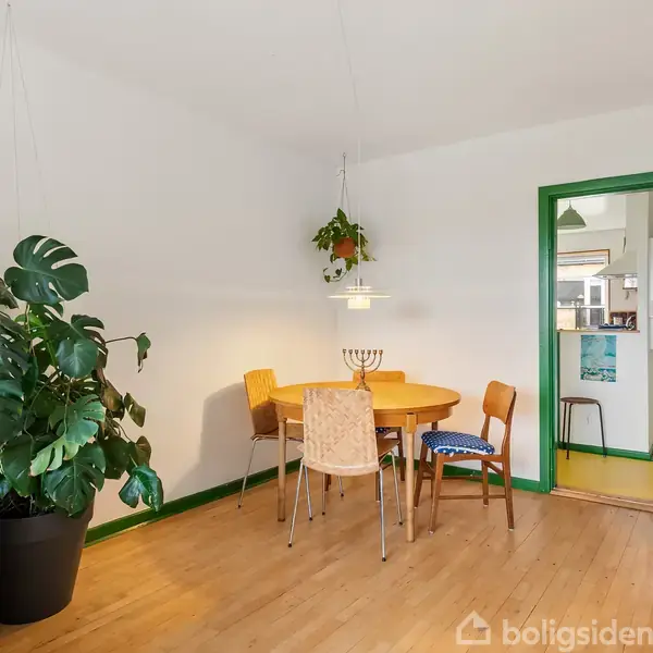 Et rundt træbord med fire stole står i en spisestue med grønne kanter. En stor potteplante er ved siden af, og en lampe hænger over bordet.