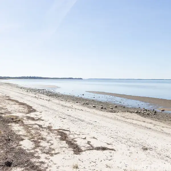 Sandstrand strækker sig langs roligt vand, hvor tidevandet har trukket sig lidt tilbage. I baggrunden ses en klar, blå himmel og en horisont med lav bevoksning.