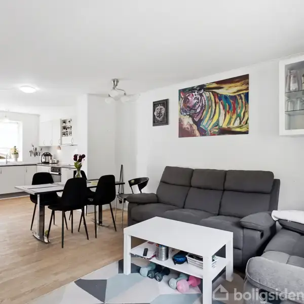 Sofagruppe med to grå sofaer står i opholdsstue. I baggrunden ses et spisebord med fire stole; køkkenet er udstyret med hvide skabe og køleskab. Et farverigt maleri hænger på væggen.