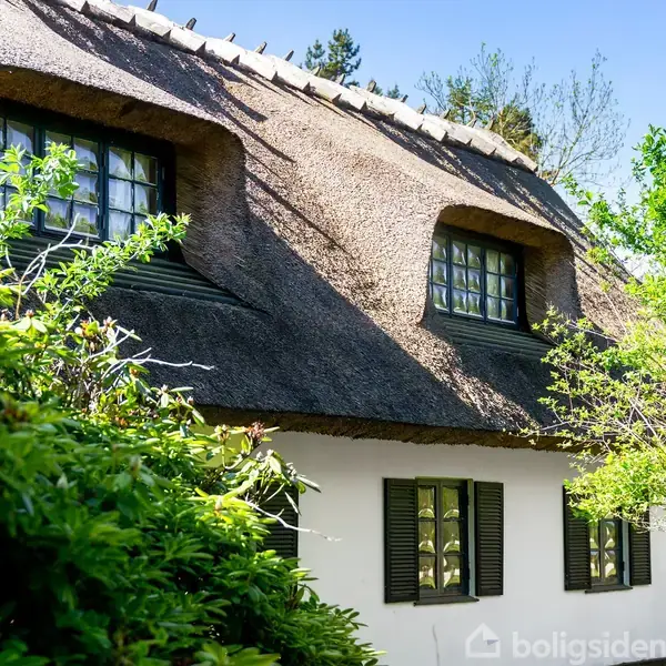 Huset har et stråtag med to charmerende, karnappede vinduer. Sollys skinner på taget. Omgivet af frodig grøntsagsvegetation og træer. Vinduerne har skodder, og der er skyfri himmel i baggrunden.