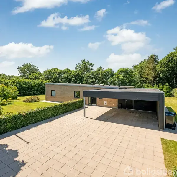 Moderne etplanshus med fladt tag og carport står på flisebelagt forplads. Omgivet af veltrimmet hæk og frodig have, belyst af klar blå himmel med få skyer.