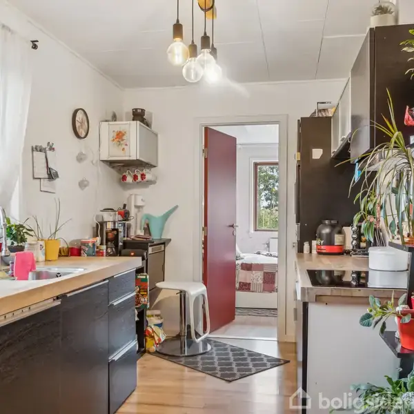 Køkken med sort skabsindretning, planter i potter, og forskellige køkkenredskaber på bordpladen. Lys hænger fra loftet. Døråbning fører til et rum med seng og vindue.