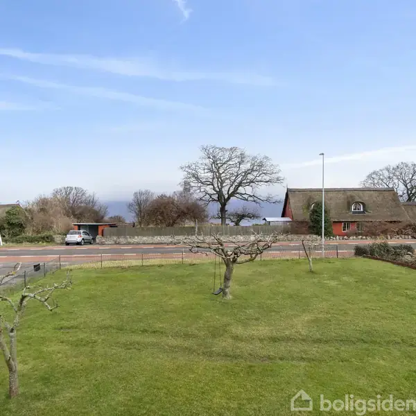 Græsplæne med få træer står stille i en have, omgivet af en vej og traditionelle huse med stråtag under en klar blå himmel.