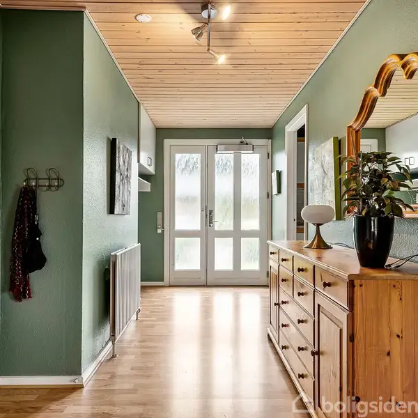 Trækommode med spejl står i en gang. En plante og lampe er ovenpå kommoden. Grønne vægge og træloft omkranser rummet, hvor døre fører ud til en forhave.
