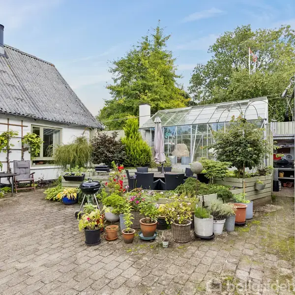 En gårdhave indeholder mange blomsterpotter og en grill; en glaskonstruktion står ved siden af, omgivet af træer og en hvid bygning med skråt tag.