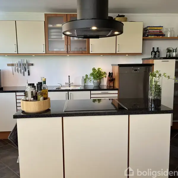 Køkken med moderne ø, indbygget kogeplade og emhætte. Omkring er skabe, skuffer, kaffemaskine og planter. Hylder til glas og bøger. Tekst: "boligsiden".