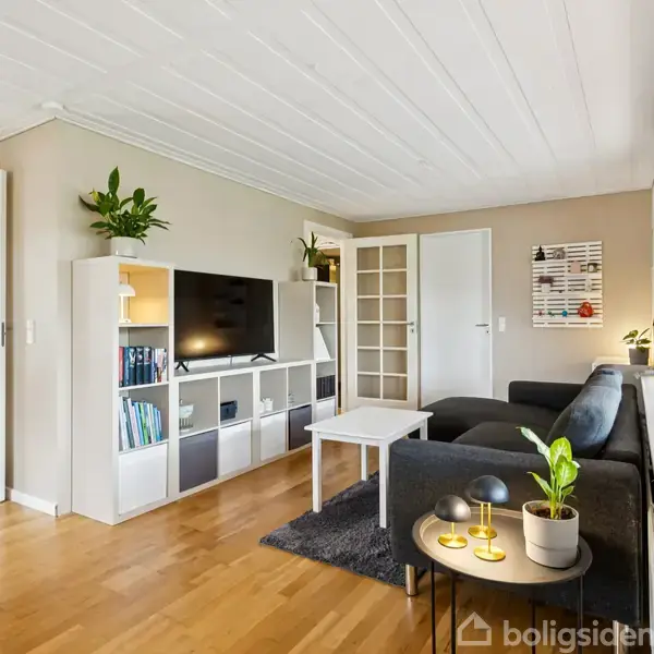 Stue med gråt sofabord, sort sofa og hvide reoler med TV, beliggende på trægulv. To glasdøre leder til et nærliggende rum. Vinduer langs højre side. Grønne potteplanter pynter rummet.