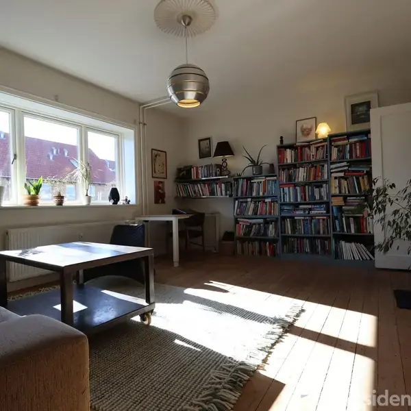 En stue med en sofa og sofabord står oplyst af sollys fra store vinduer. Bøger fylder hylder langs væggen. En stor plante står ved et langt skab.
