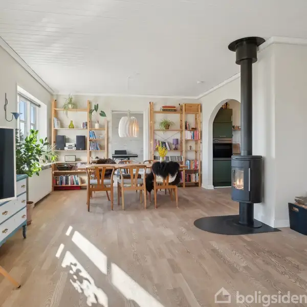 En lys stue indeholder et bord med stole, en fritstående pejs, og en tv-skænk. Bogreoler fyldt med bøger står langs væggen, og store vinduer slipper sollys ind.